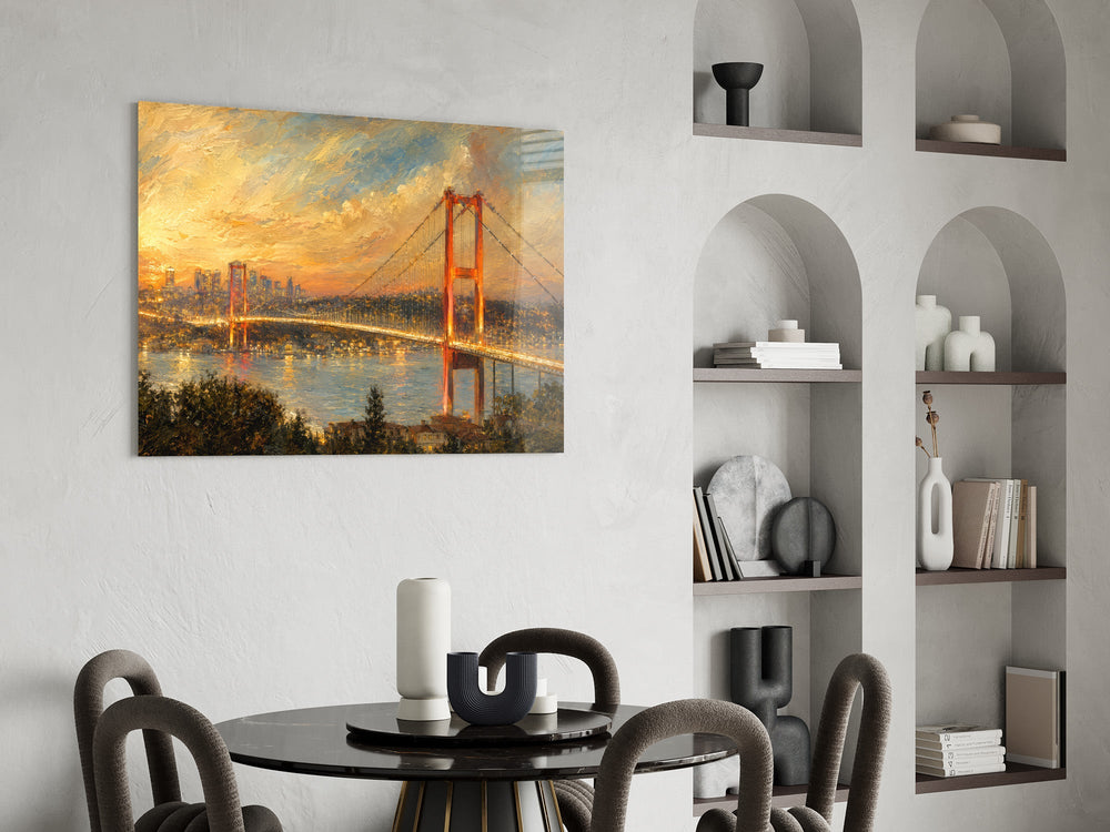 Istanbul Bosphorus Bridge glass wall art shown in a warm, styled interior setting