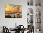 Istanbul Bosphorus Bridge glass wall art shown in a warm, styled interior setting