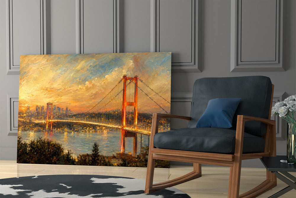 Istanbul Bosphorus Bridge glass wall art hanging as a focal point in a modern room