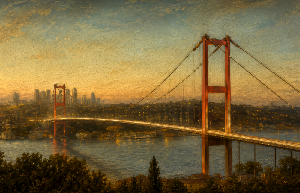 Istanbul Bosphorus Bridge Da Vinci Style Glass Wall Art