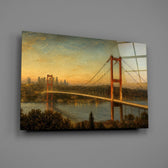 Istanbul Bosphorus Bridge glass wall art mounted flat on a grey wall