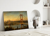 Istanbul Bosphorus Bridge glass wall art leaning against a wall in a minimalist interior