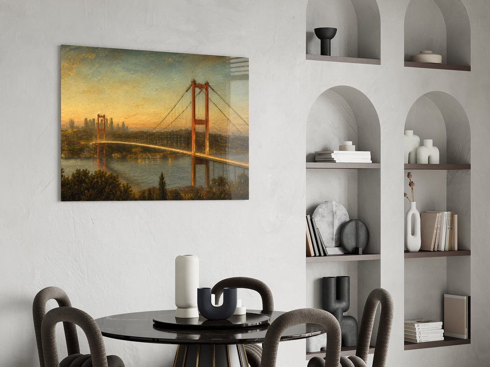 Istanbul Bosphorus Bridge glass wall art shown in a warm, styled interior setting