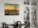 Istanbul Bosphorus Bridge glass wall art shown in a warm, styled interior setting