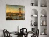 Istanbul Bosphorus Bridge glass wall art shown in a warm, styled interior setting