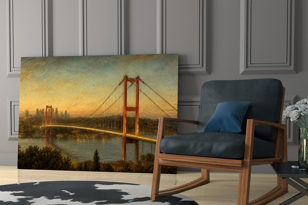 Istanbul Bosphorus Bridge glass wall art hanging as a focal point in a modern room