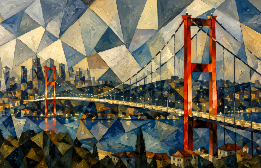 Istanbul Bosphorus Bridge Cubist Style Glass Wall Art