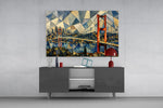Istanbul Bosphorus Bridge glass wall art displayed above a console in a modern interior