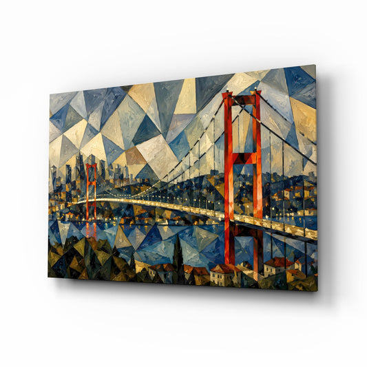 Istanbul Bosphorus Bridge glass wall art, angled view of the tempered glass panel