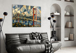 Istanbul Bosphorus Bridge glass wall art styled in a contemporary living room