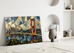 Istanbul Bosphorus Bridge glass wall art leaning against a wall in a minimalist interior