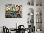 Istanbul Bosphorus Bridge glass wall art shown in a warm, styled interior setting
