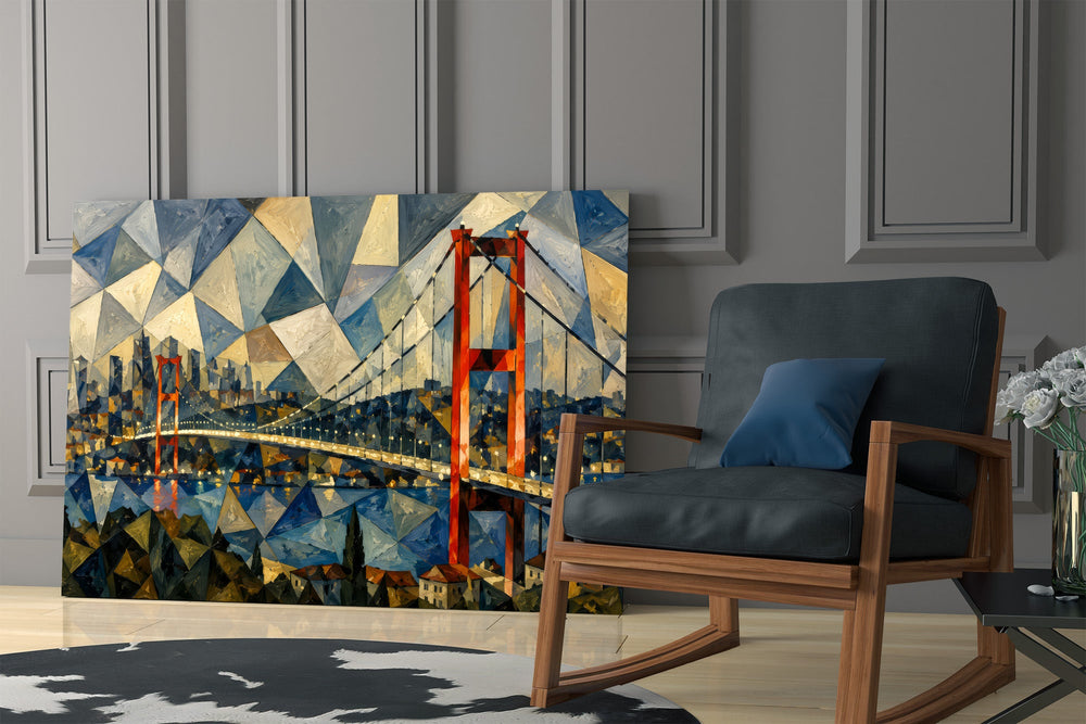 Istanbul Bosphorus Bridge glass wall art hanging as a focal point in a modern room