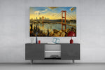 Istanbul Bosphorus Bridge glass wall art displayed above a console in a modern interior