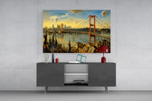 Istanbul Bosphorus Bridge glass wall art displayed above a console in a modern interior