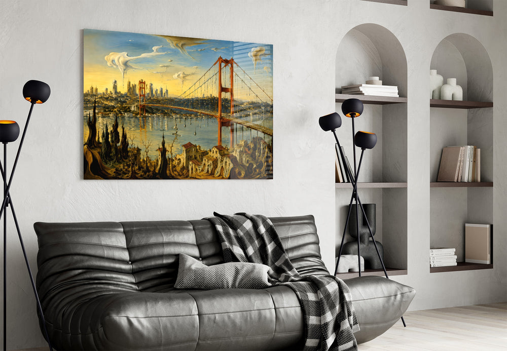 Istanbul Bosphorus Bridge glass wall art styled in a contemporary living room