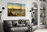 Istanbul Bosphorus Bridge glass wall art styled in a contemporary living room