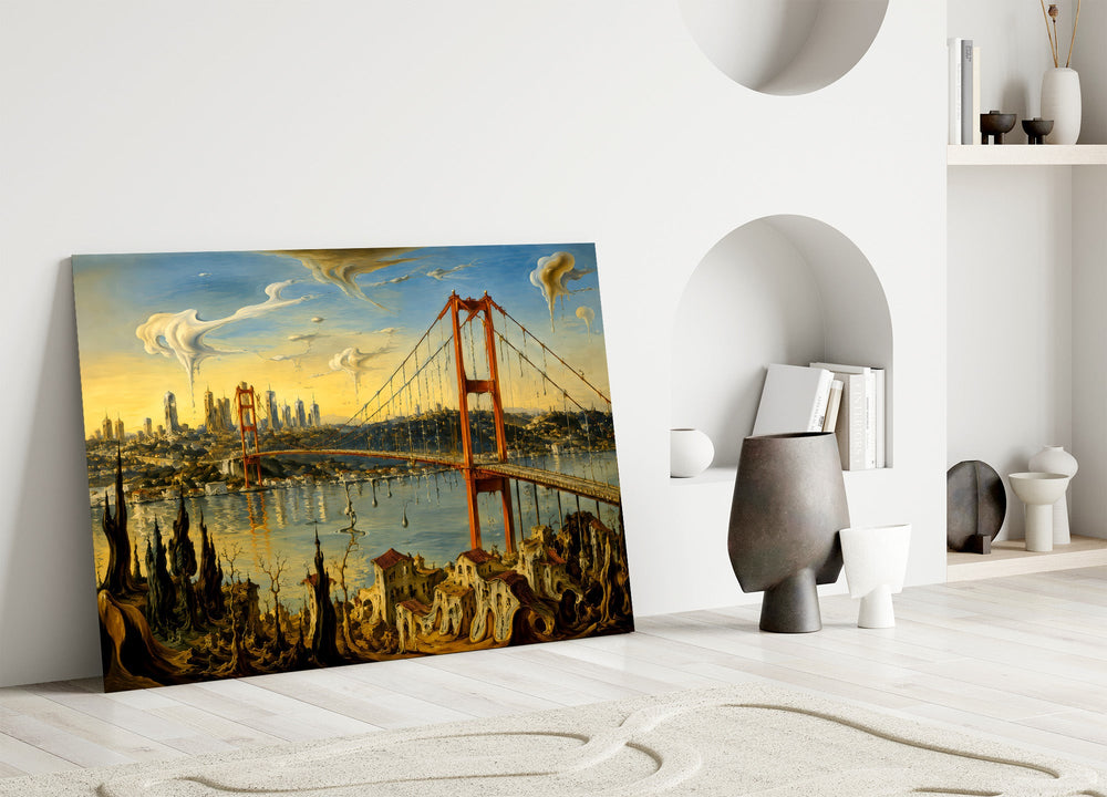 Istanbul Bosphorus Bridge glass wall art leaning against a wall in a minimalist interior