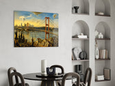 Istanbul Bosphorus Bridge glass wall art shown in a warm, styled interior setting