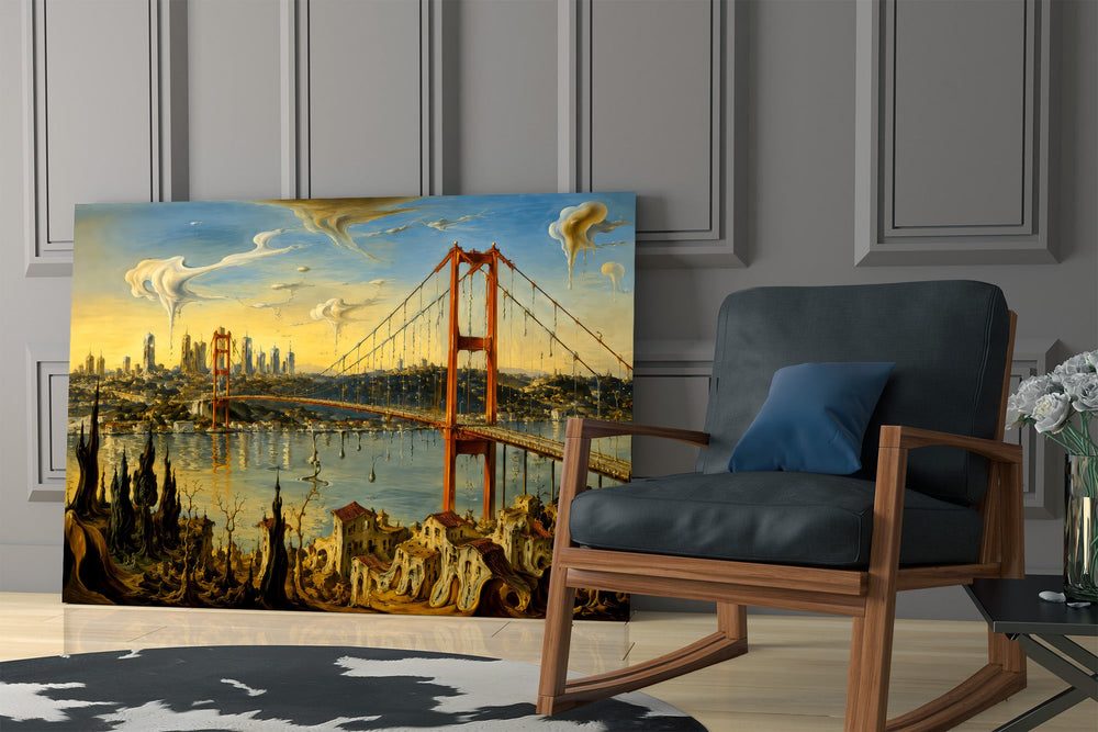 Istanbul Bosphorus Bridge glass wall art hanging as a focal point in a modern room