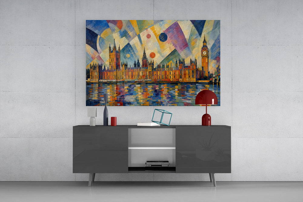 Big Ben Westminster glass wall art displayed above a console in a modern interior