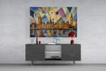 Big Ben Westminster glass wall art displayed above a console in a modern interior