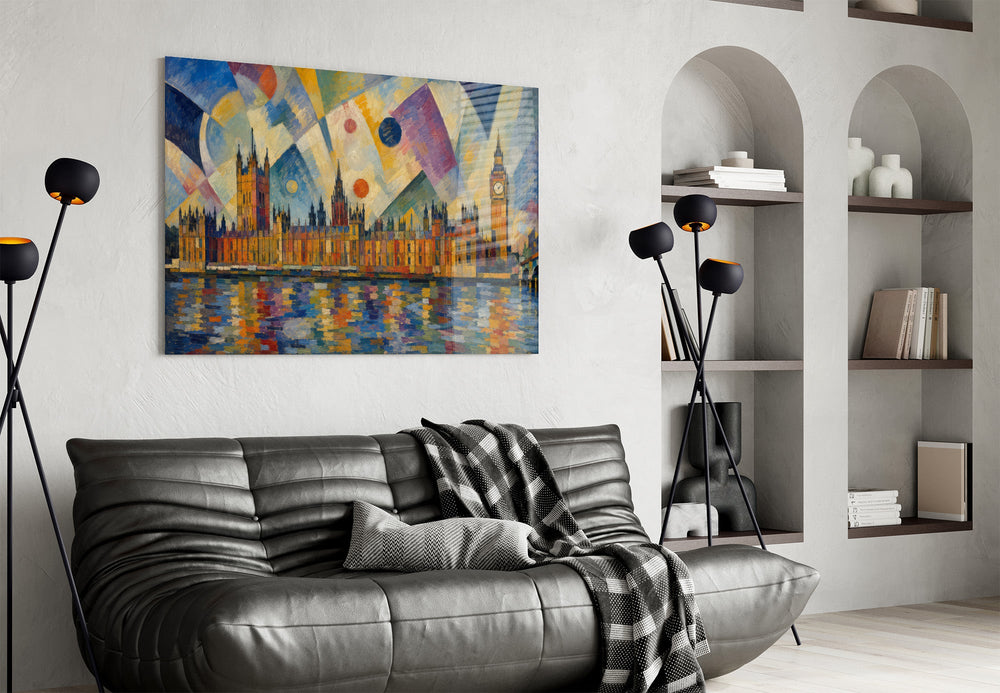 Big Ben Westminster glass wall art styled in a contemporary living room