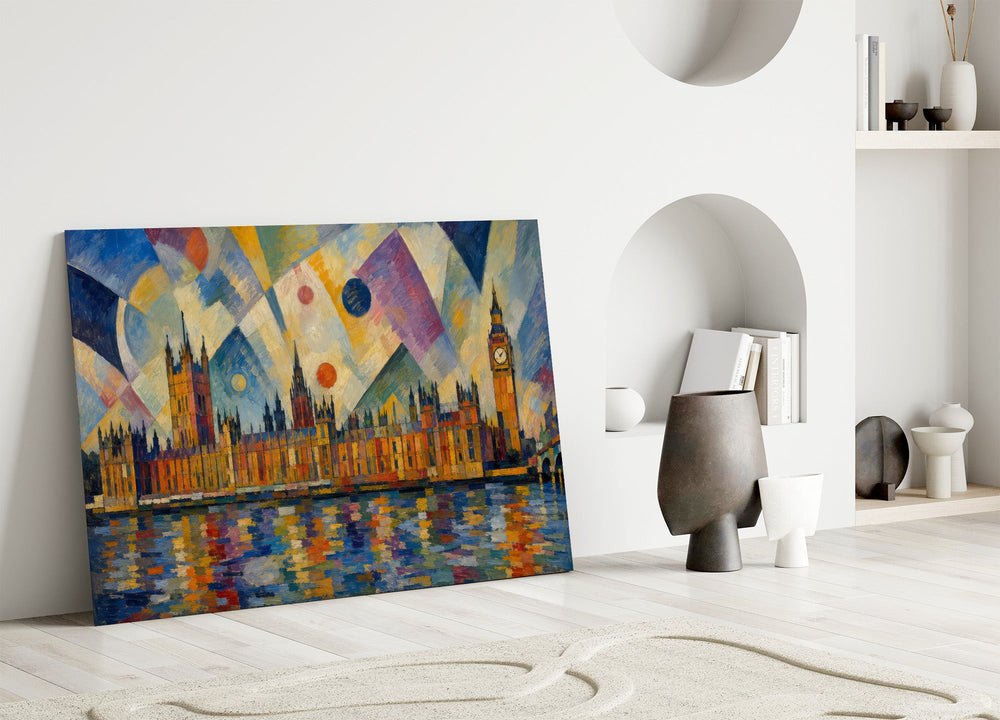 Big Ben Westminster glass wall art leaning against a wall in a minimalist interior