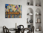 Big Ben Westminster glass wall art shown in a warm, styled interior setting
