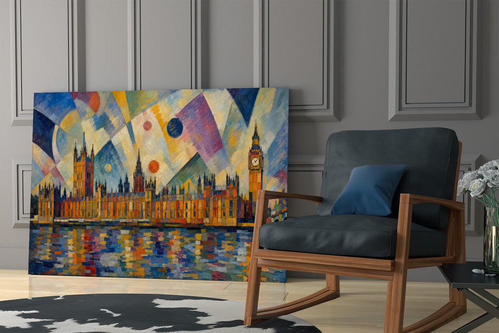 Big Ben Westminster glass wall art hanging as a focal point in a modern room