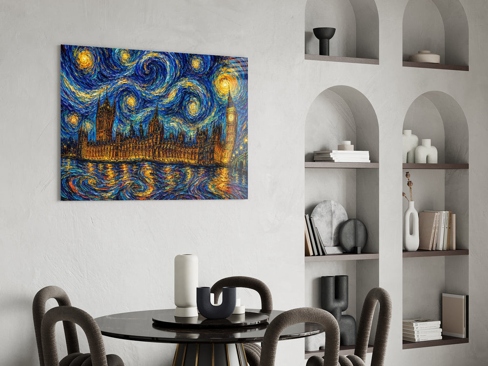 Big Ben Westminster glass wall art shown in a warm, styled interior setting