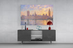 Big Ben Westminster glass wall art displayed above a console in a modern interior