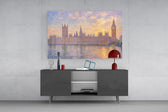 Big Ben Westminster glass wall art displayed above a console in a modern interior