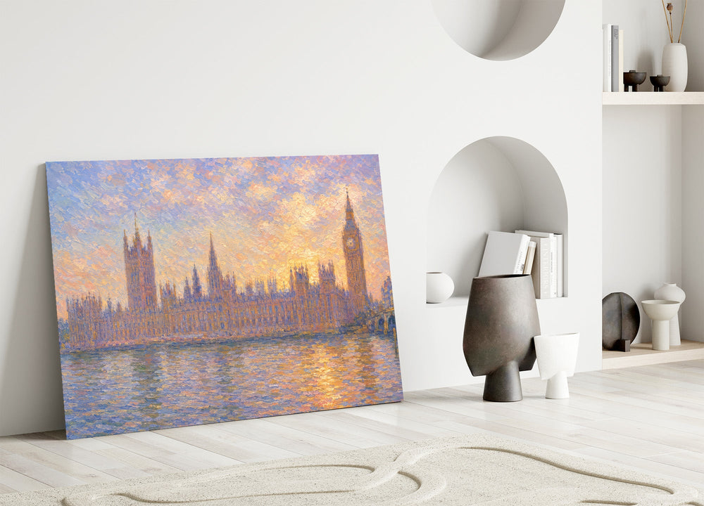 Big Ben Westminster glass wall art leaning against a wall in a minimalist interior