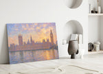 Big Ben Westminster glass wall art leaning against a wall in a minimalist interior