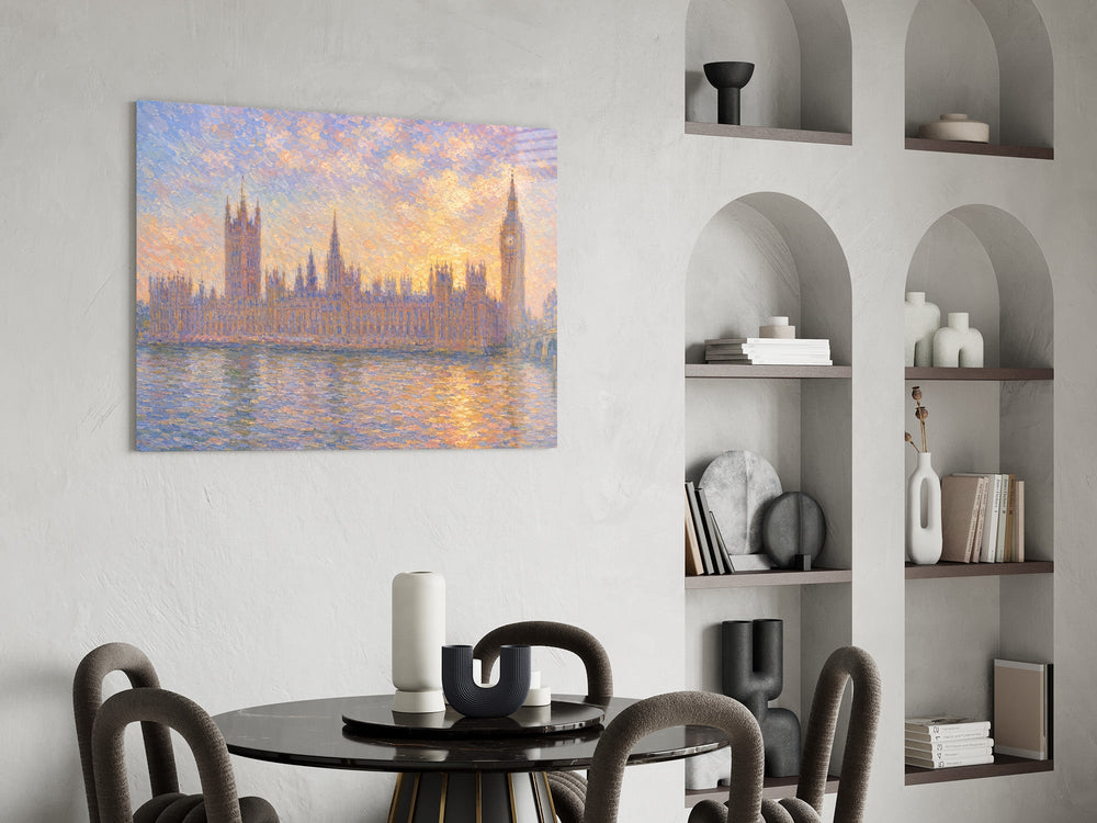 Big Ben Westminster glass wall art shown in a warm, styled interior setting