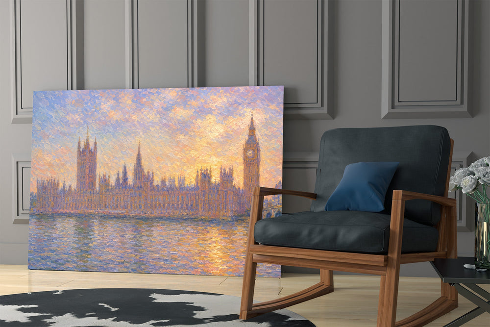 Big Ben Westminster glass wall art hanging as a focal point in a modern room