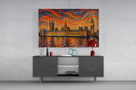 Big Ben Westminster glass wall art displayed above a console in a modern interior