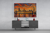 Big Ben Westminster glass wall art displayed above a console in a modern interior