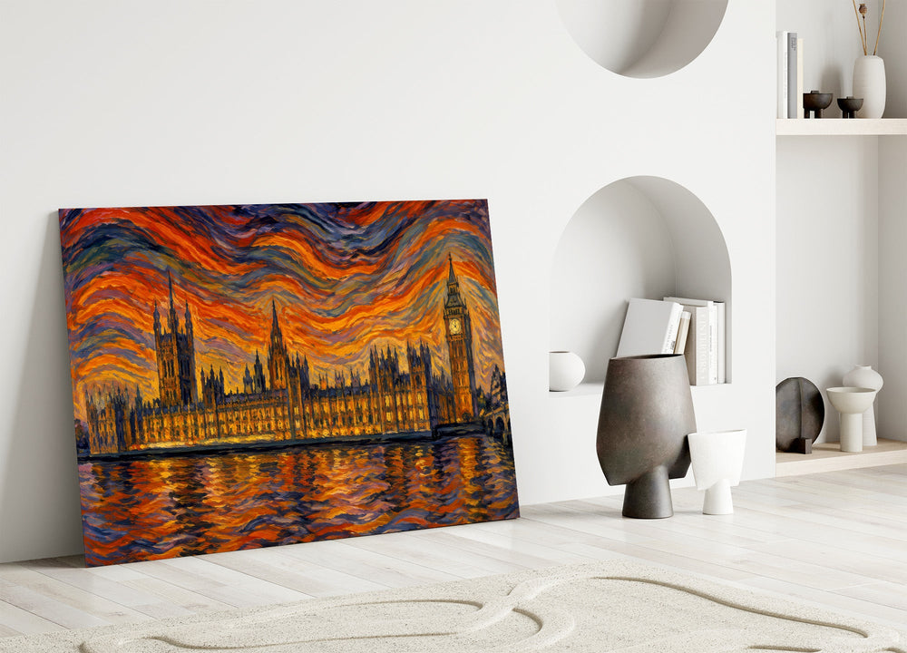 Big Ben Westminster glass wall art leaning against a wall in a minimalist interior