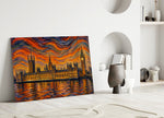Big Ben Westminster glass wall art leaning against a wall in a minimalist interior