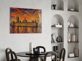 Big Ben Westminster glass wall art shown in a warm, styled interior setting