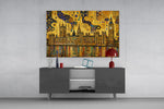 Big Ben Westminster glass wall art displayed above a console in a modern interior