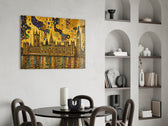 Big Ben Westminster glass wall art shown in a warm, styled interior setting
