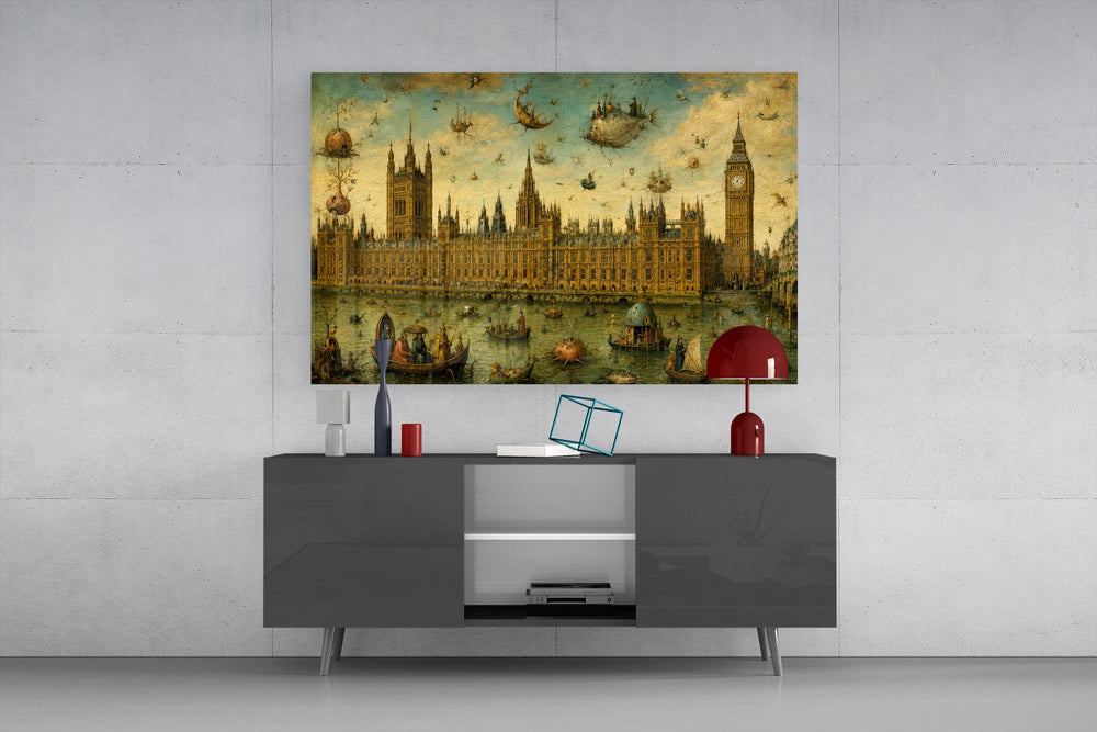 Big Ben Westminster glass wall art displayed above a console in a modern interior