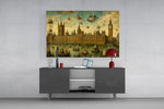 Big Ben Westminster glass wall art displayed above a console in a modern interior