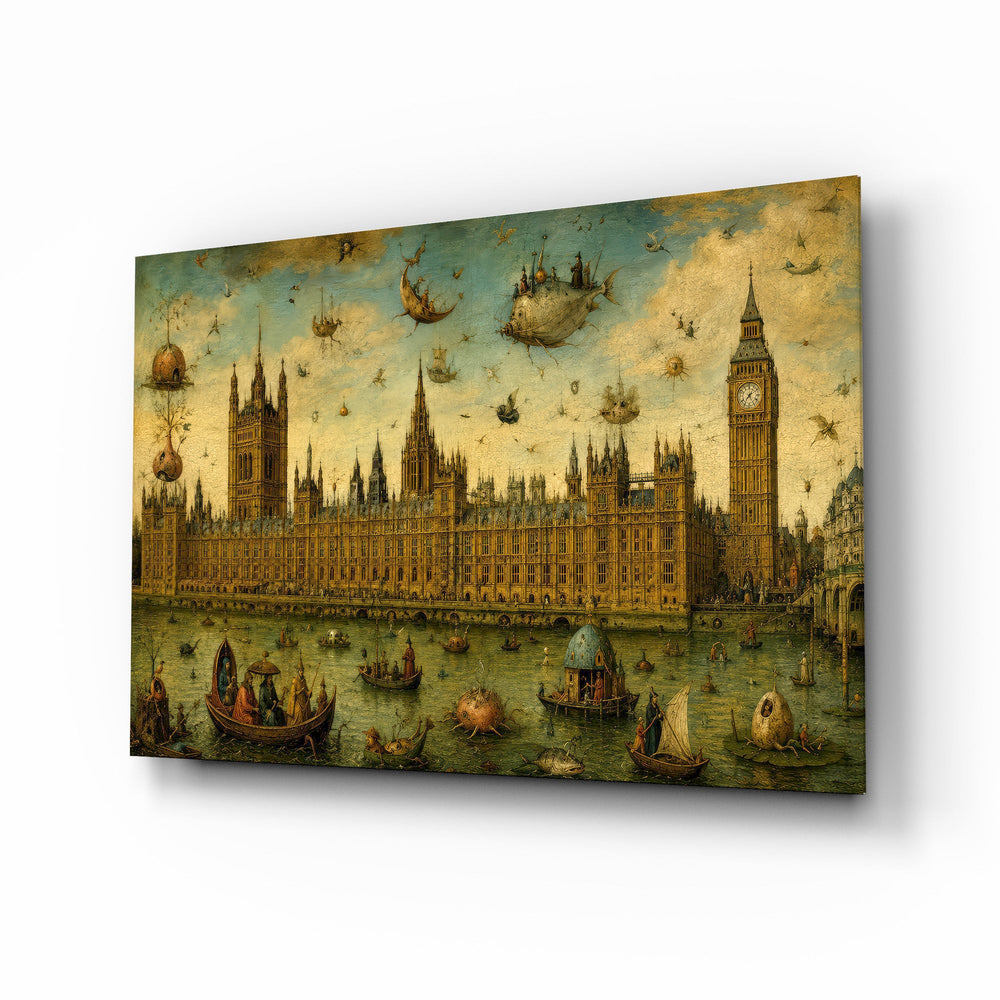 Big Ben Westminster glass wall art, angled view of the tempered glass panel