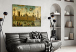 Big Ben Westminster glass wall art styled in a contemporary living room