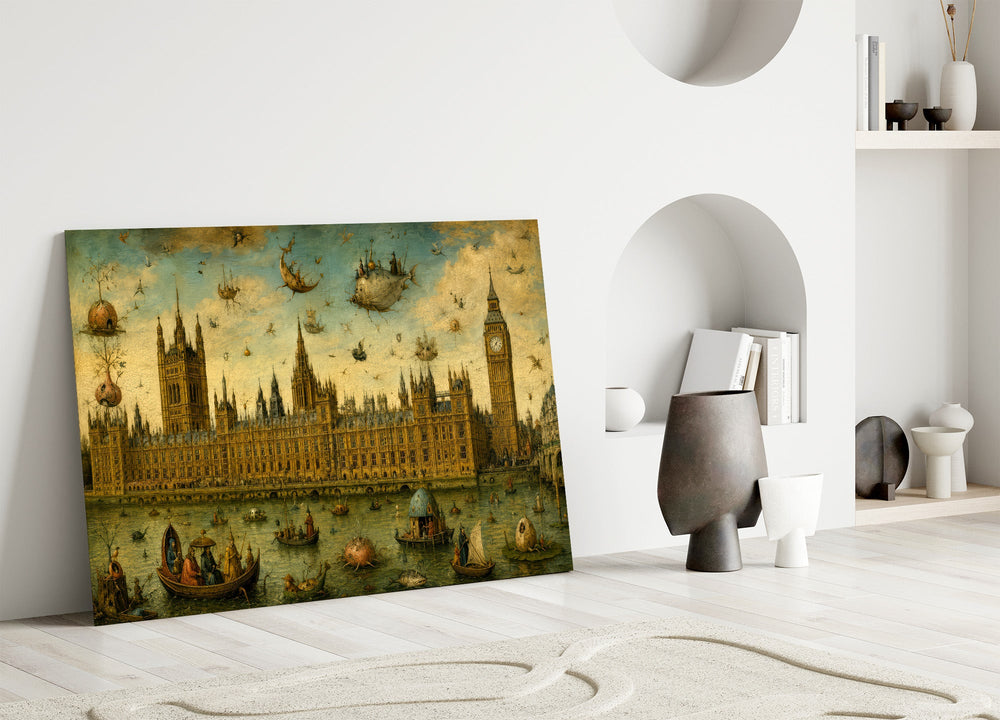 Big Ben Westminster glass wall art leaning against a wall in a minimalist interior
