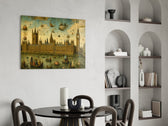 Big Ben Westminster glass wall art shown in a warm, styled interior setting